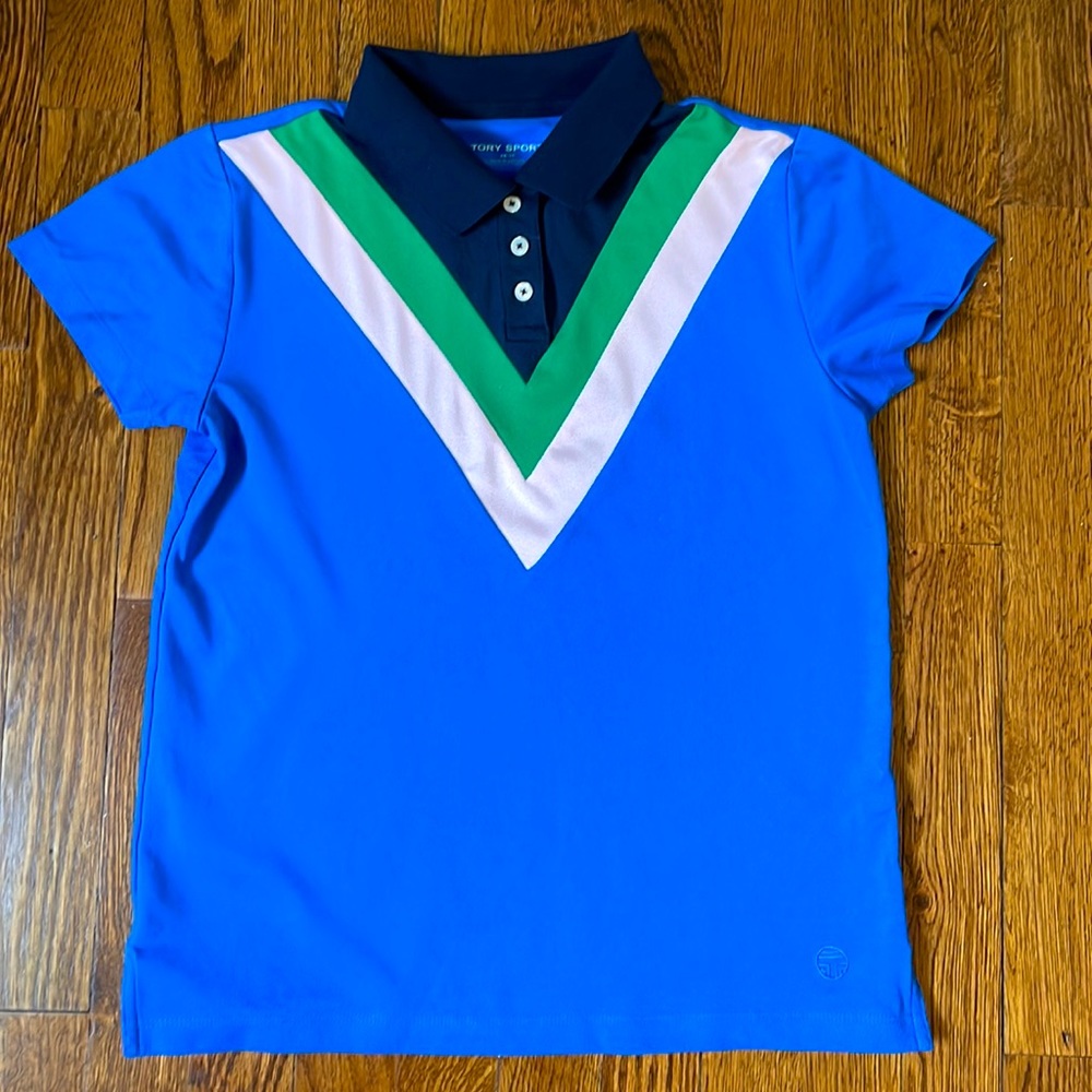 Tory Burch Blue Polo Top with Green and White V Chevron